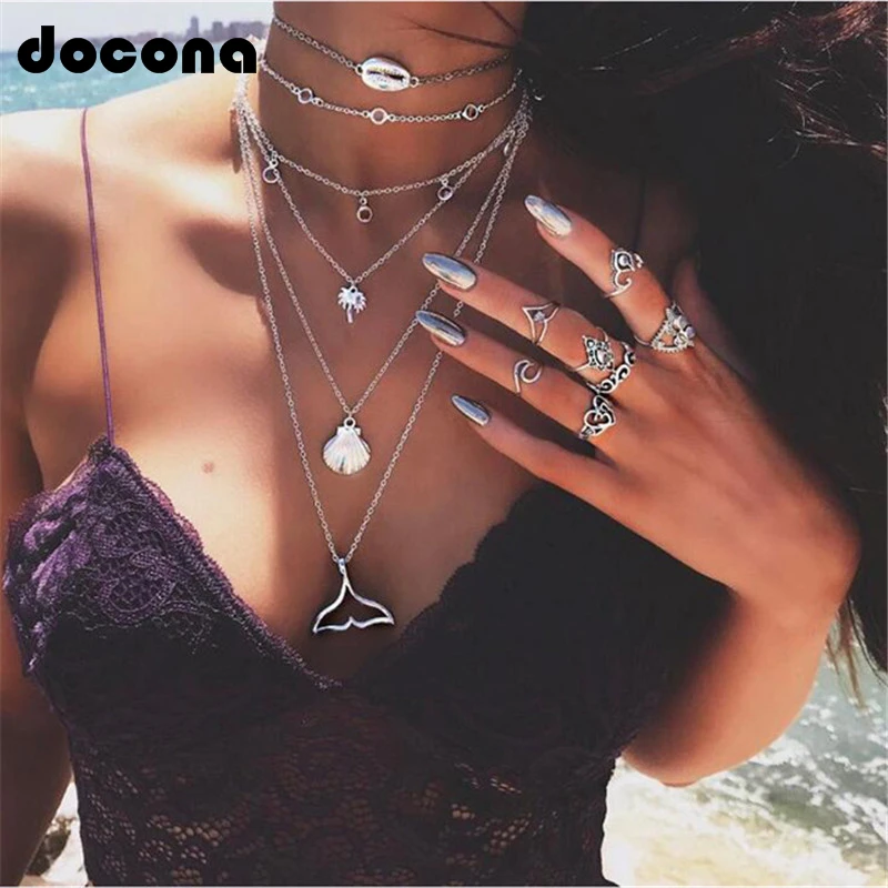 

Docona Multilayer Boho Beach Necklaces Pandents Silver Long Alloy Chain Statement Necklace Women Accessories Collier Femme 4935