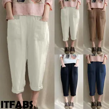 

Women High Waist Straight Long Trousers Pocket Pure Color Casual Loose Elastic Trousers Plus Size