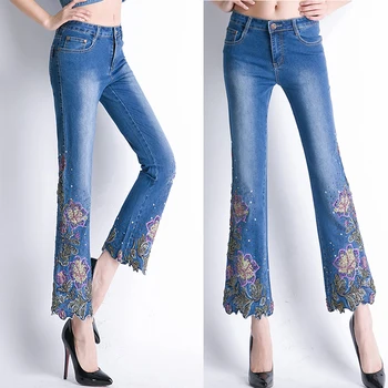 

Summer Woman Beads Ankle Length Irregular Jeans Pants With Embroidery , Spring Women Stretched Embroidered Flares Denim Trousers
