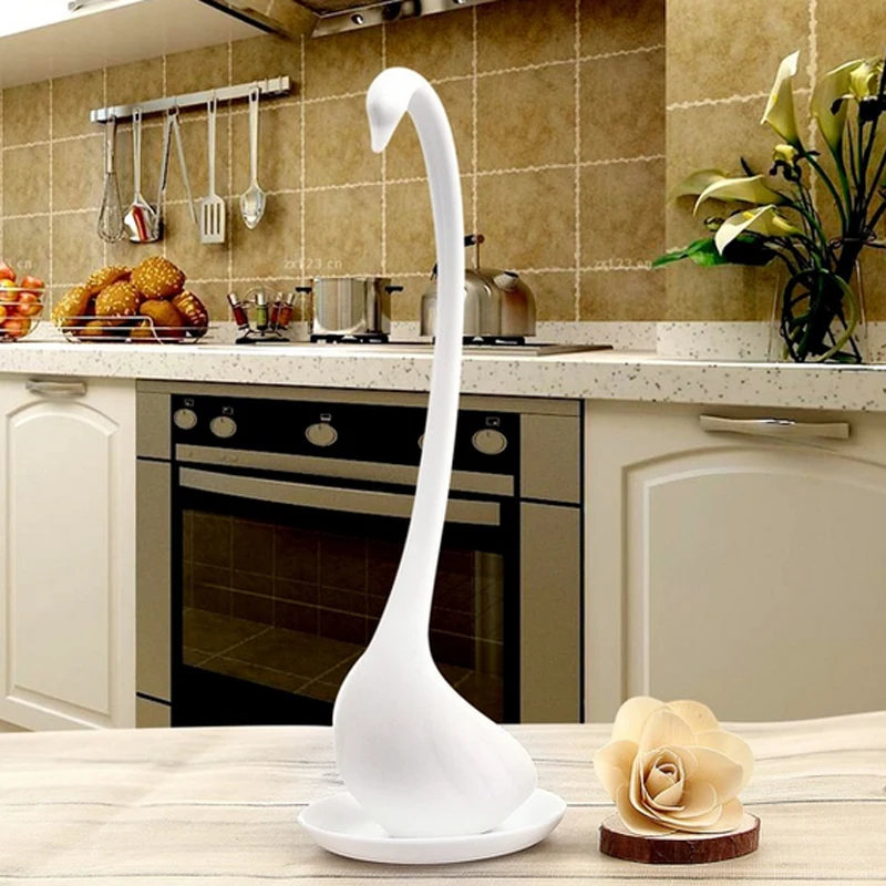 Cute Swan Soup Ladle White/Black Design Upright Swan Spoon Kitchen+Saucer CA