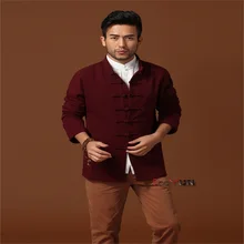Модные Для мужчин с длинным рукавом в китайском стиле куртка Кунг-фу пальто одноцветное бордовый Тан костюм Размеры размеры s m l xl XXL, XXXL