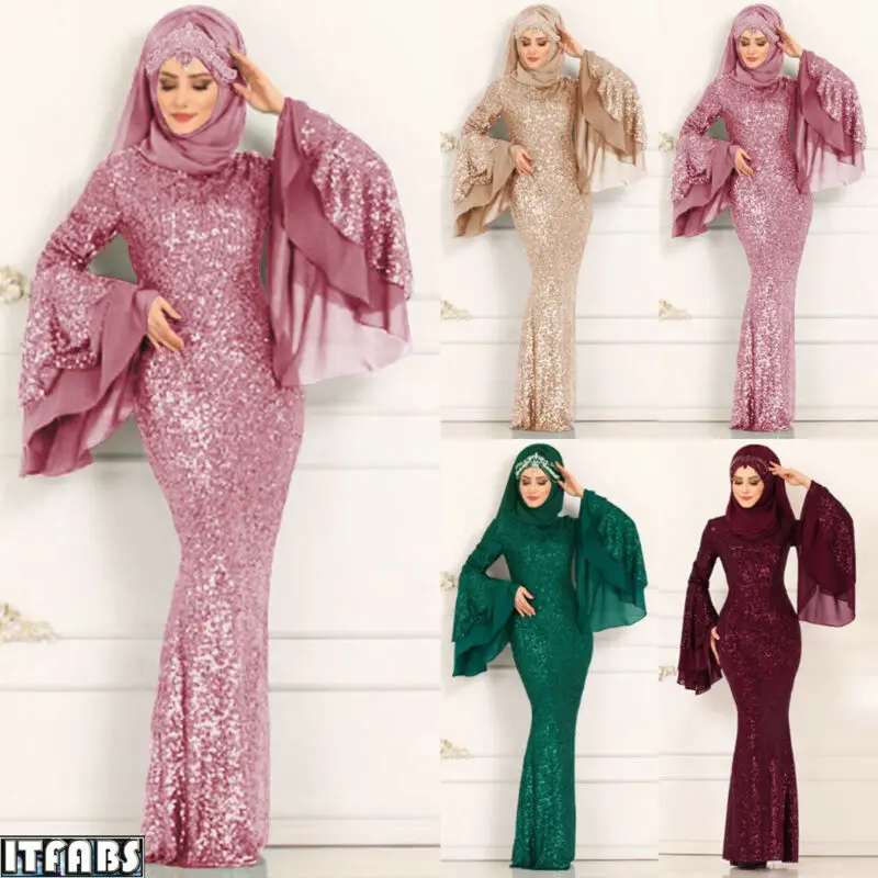

Muslim Women Sequin Maxi Dress Bell Sleeve Abaya Robe Dubai Long Party Prom HOT