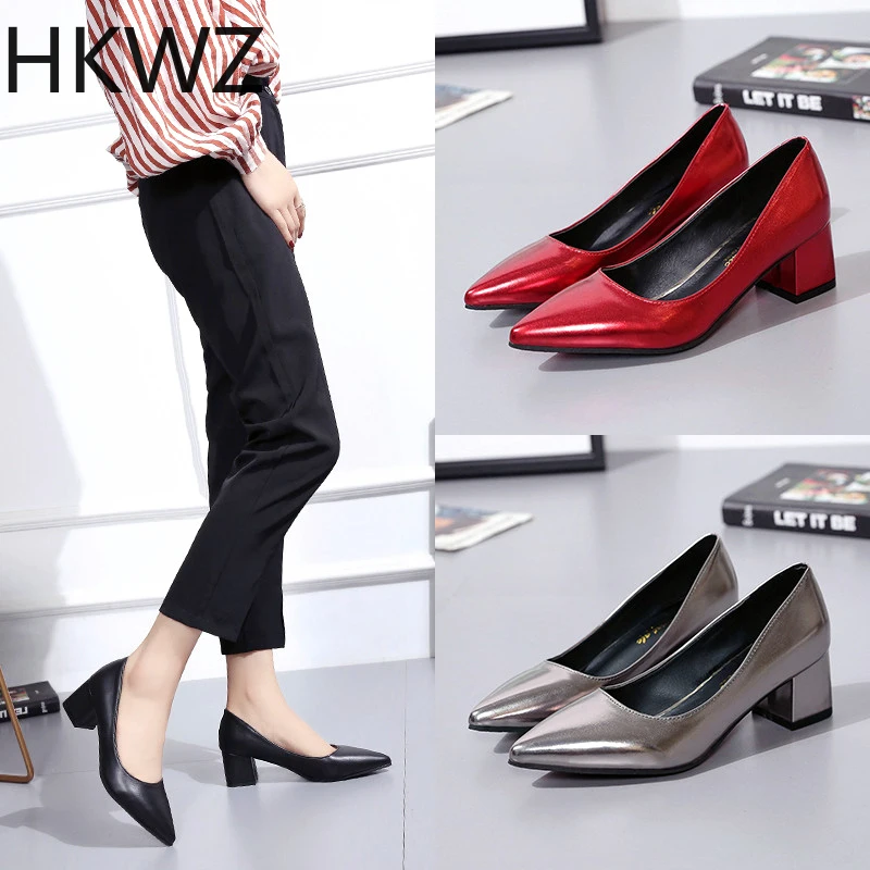 

Patent leather high heel women's shoes 5cm thick with pointed shallow mouth office sandals wild solid color sexy gladiator shoes