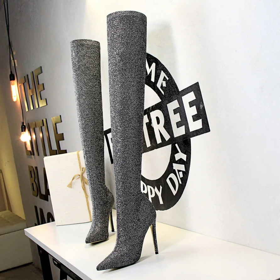 

Women Boots Stretch Fabric Sequined Cloth Spring Autumn Over-the-Knee Women Boots Pointed Toe Thin Heels Party Women's Shoes