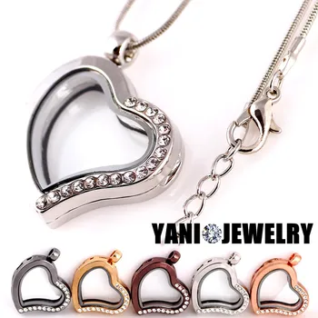 

10pcs/lot Wholesale Crystal Floating Heart Locket with Rhinestones Zinc Alloy Heart Glass Locket with Free Chain