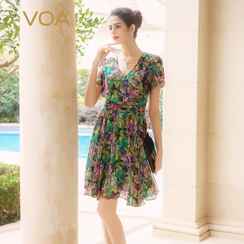 

Voa V-neck Short Sleeve Silk Summer Printed Wave Pleated Wide Belt Fashionable Women Party Dress Color Vestido Clothes A5631