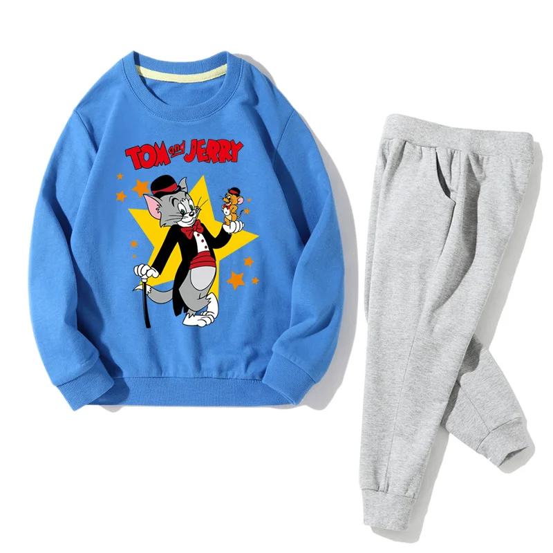 Весенне-осенние спортивные костюмы для мальчиков, толстовки+ штаны, комплект одежды из 2 предметов для девочек, хлопковые комплекты одежды с героями мультфильмов «Том и Джерри», JZ064