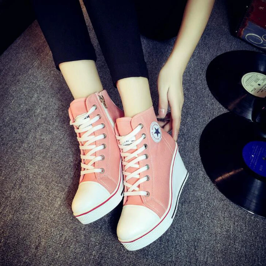 

Plus Size 43 Ladies Canvas Shoes Lace Up Spring Autumn Hip Toe Wedges Sneakers Zipper Decoration Casual Platform Women Shoes