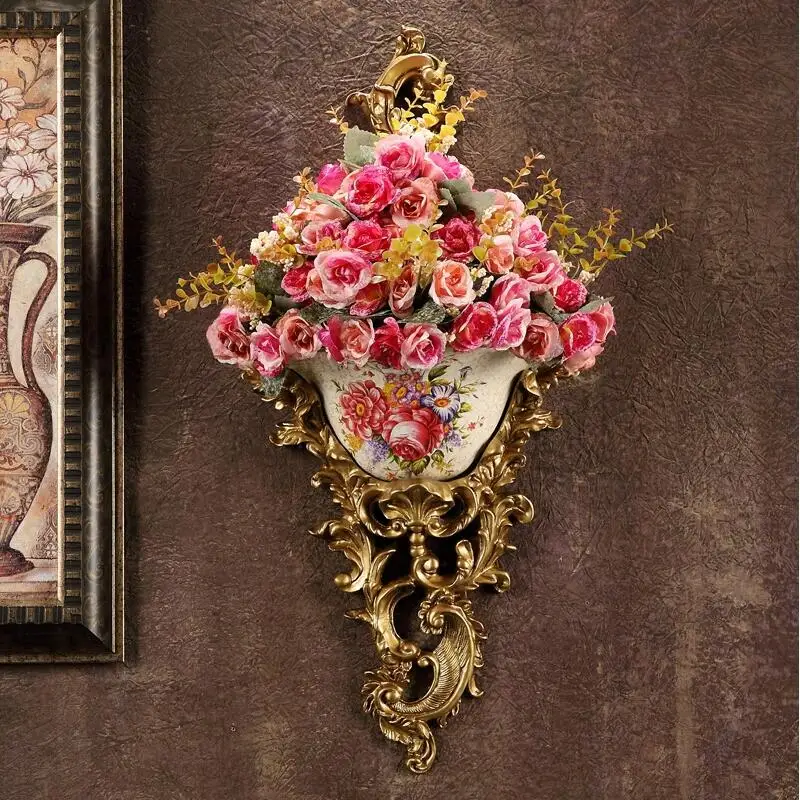Европейская старинная настенная ваза из смолы, креативная барная домашняя Роскошная настенная Ретро Фреска, цветы, корзина, орнамент, украшение для гостиной, искусство