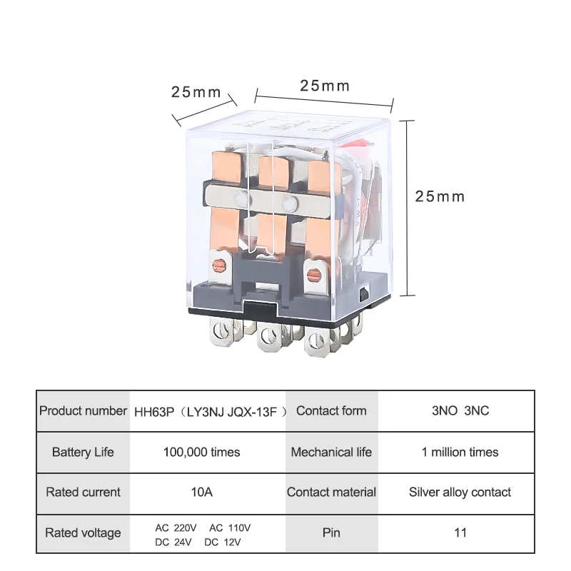 HH63P LY3NJ JQX-13F электромагнитные реле 3PDT реле питания переменного тока 220 В переменного тока 110 В постоянного тока 24 В постоянного тока 12 В 10 А серебряные контакты 11 Pin Светодиодный