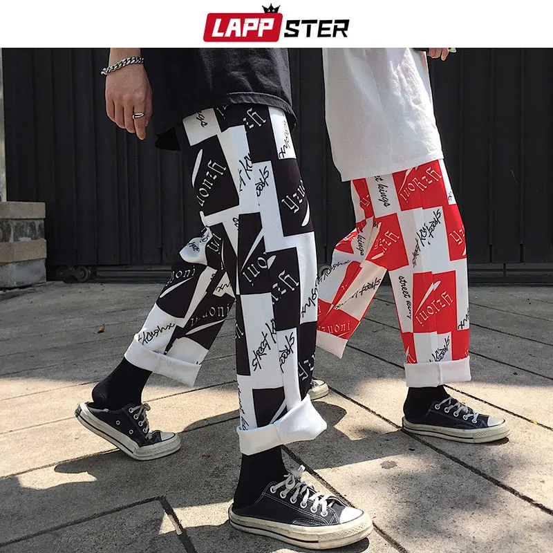 

LAPPSTER Streetwear Plaid Harem Pants 2019 Couple Harajuku Hip Hop Joggers Pants Korean Fashions Straight Baggy Red Loose Pants