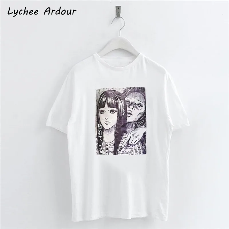 

Japanese Cartoon Figure Printed T-shirt Two Girls Painting O-Neck T-shirts Summer Casual Slim Women T Shirt Tops