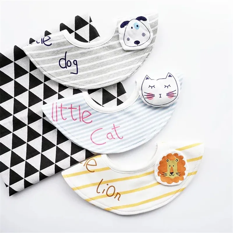 

Infant Cotton Round Bib Baby Accessories Kids Burp Cloths Toddler Cute Striped Cartoon Animals Feeding Scarf