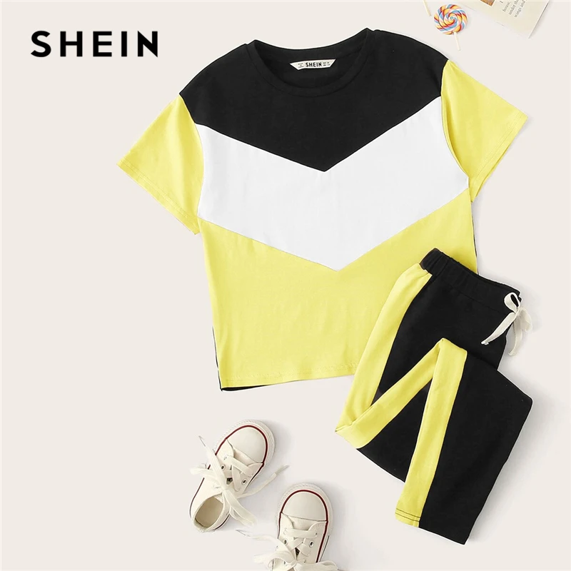 SHEIN/Детская футболка с цветными блоками для девочек и штаны с завязками на талии; комплект для детей; коллекция года; летняя одежда для активного отдыха; костюм с короткими рукавами; комплекты