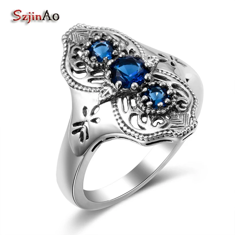 Szjinao Fashion Crystal Silver Jewelry Kpop Sapphire Genuine 925 Silver Rings for Women Wholesale Vintage Style Alibaba-Express