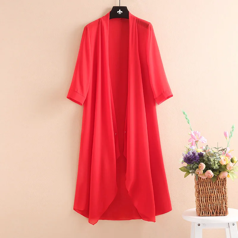 

Big Size Oversize Casual 5XL Chiffon Crop Hem Ladies Femme 10 Color Outwear Coat Jackets Pink oPEN Stitch Summer Spring Thin