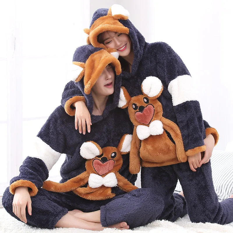 

Korea style winter lovers home clothes men pajamas set soft warm unisex hooded sleeper sets 3D animal thick women sleepwear suit