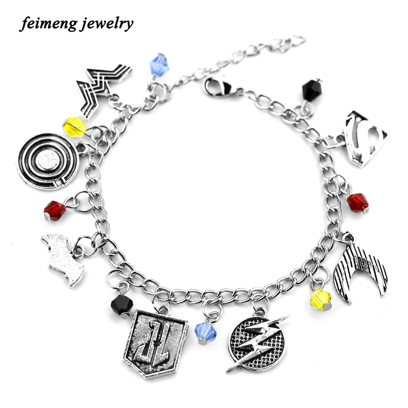 Wonder Woman браслеты из серии Lightning Супермен летучая мышь щит красный синий черный цвет хрустальные браслеты с подвесками для фанатов лучший подарок