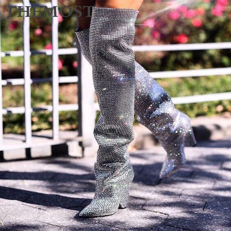 

THEMOST Christmas Party Extremely Luxurious Crystal Women Boots Thin High Heel Shining Diamond Bridal Shoes Celebriety T Stage