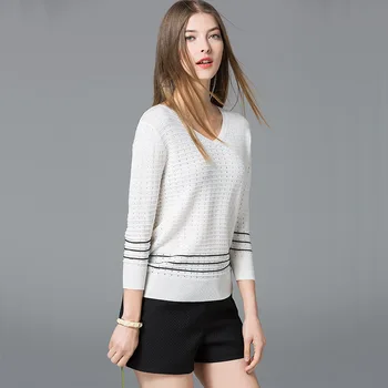 

New Arrival 2018 Spring Women's Fashion Loose Patchwork Striped V-Neck Long Sleeve Knitted Pullover Sweater Female Wholesale Top