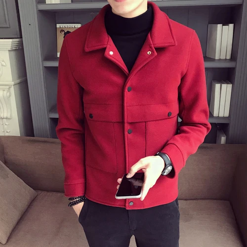 Осень Зима одноцветное цвет высокое качество короткие шерстяное пальто мужской костюм воротник двубортный Молодежный облегающий повседневное - Цвет: 205  red