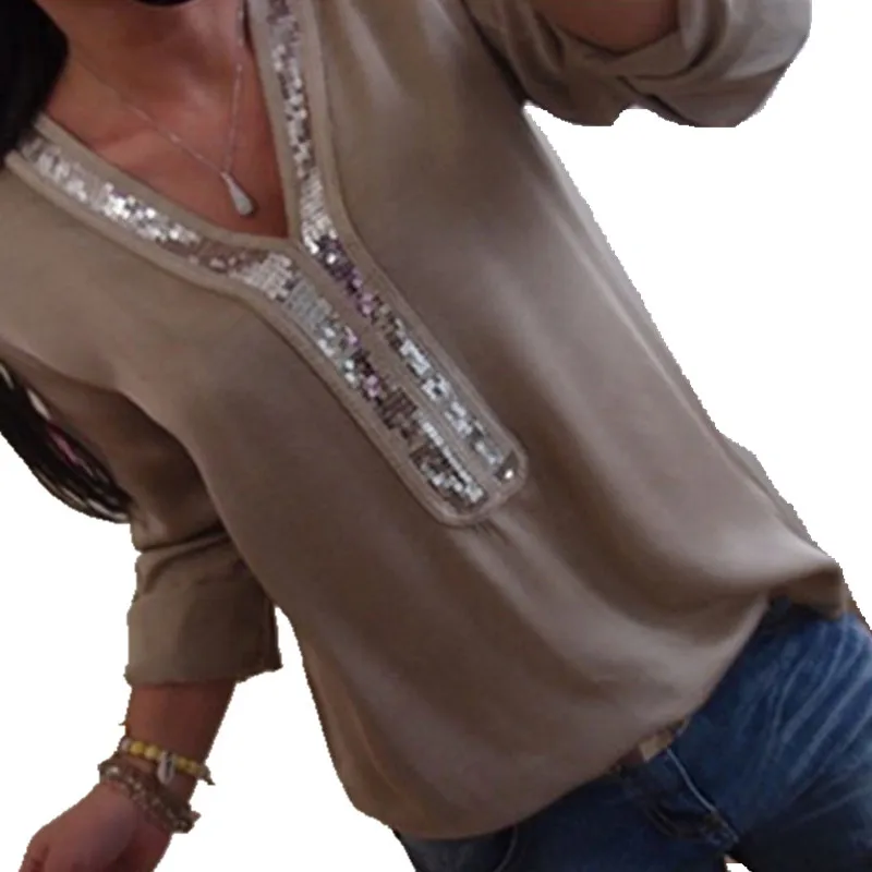 Летний топ размера плюс 5XL, женские рубашки, блузки с длинным рукавом, большие размеры, женская шифоновая блузка, однотонные Лоскутные рубашки с блестками