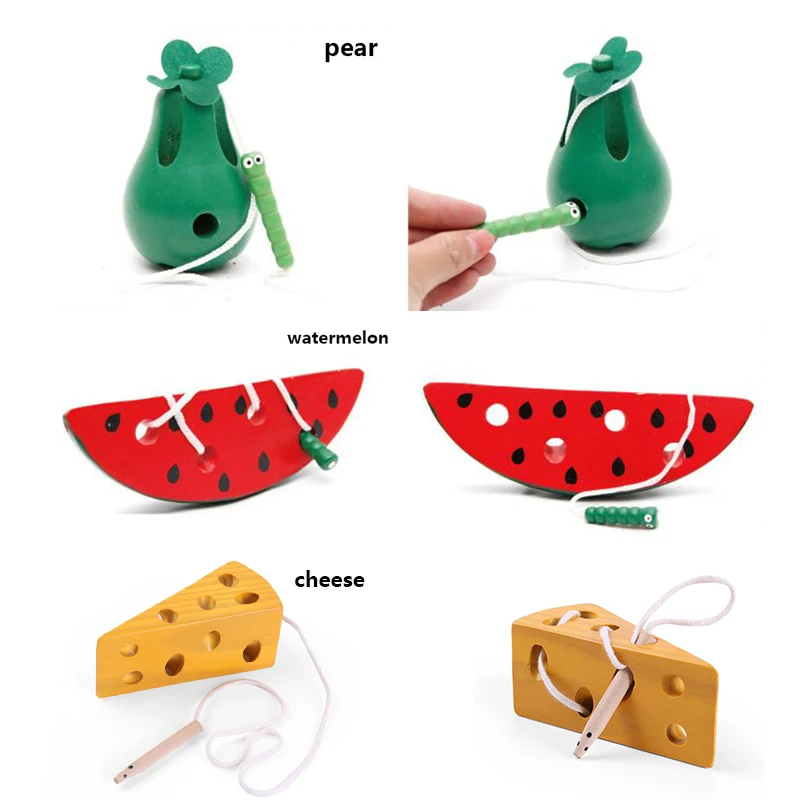 

Wooden Montessori Mouse Thread Cheese Lacing Threading Fruits Math Education Learning Montessori Toys for Children Kindergarten