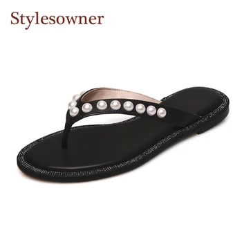 

Stylesowner pearl leather flip flop for women casual female outdoor slip on thong cool slides shoe flat with lazy muler
