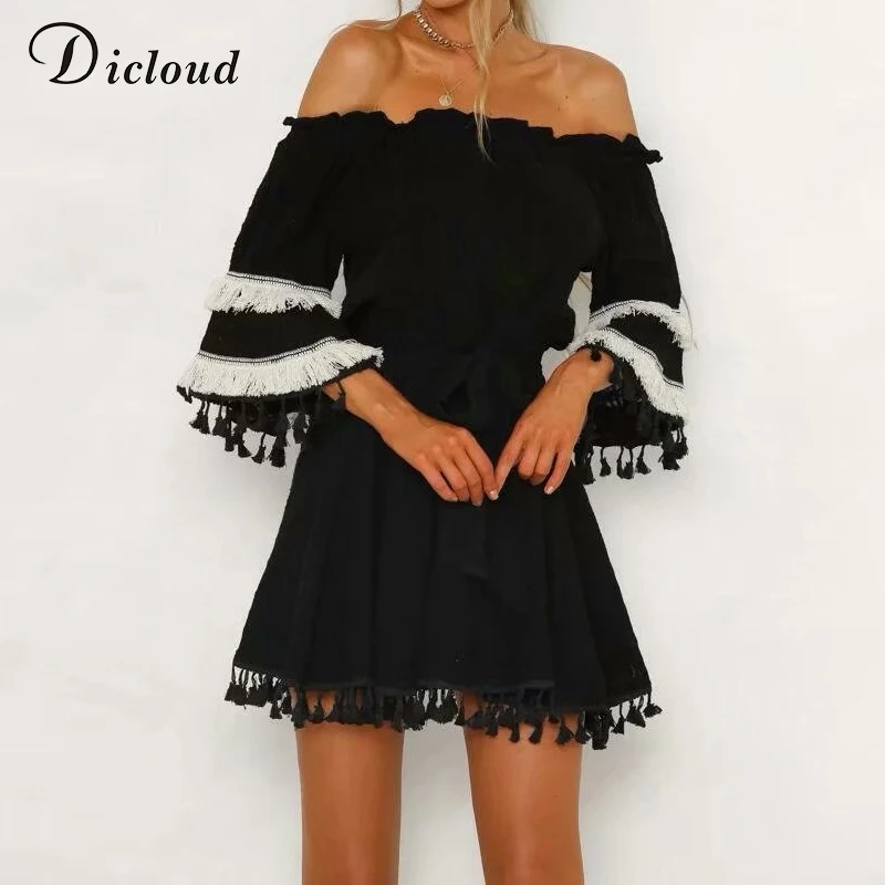 DICLOUD Off Shouler пикантные Boho лоскутные платья для женщин ленточки пляжное платье