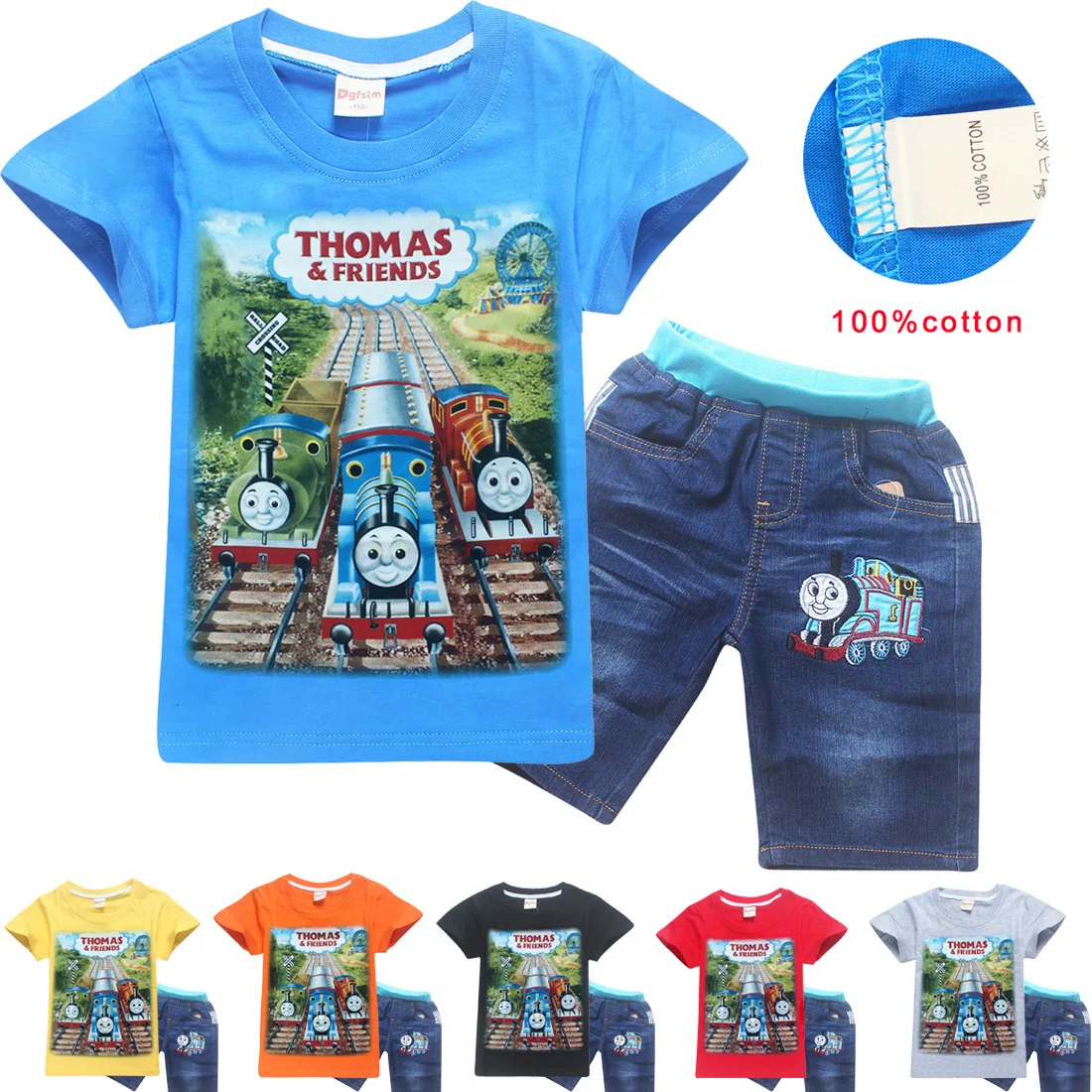 

2018 children's new summer short-sleeved T-shirt shorts jeans boy Thomas train fashion design sports suit two-piece