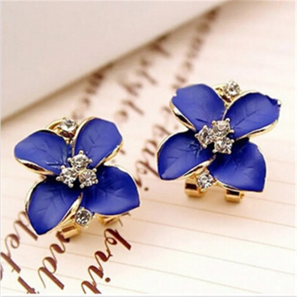 

Stud Earrings New Crystal Flower Stud Earrings for Women Four Leaf Clover Blue Flower Party Korean Stud Earrings Stainless Steel