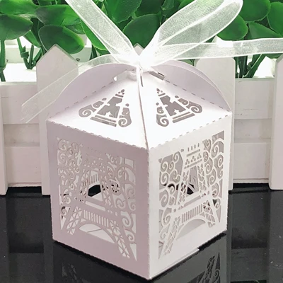50pcs Wedding Candy Box Chocolate Packaging Paris Eiffel Tower Personalized Wedding Box Marriage Favors And Gifts Baby Shower White
