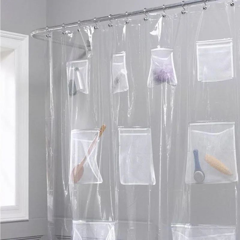 

Multifunction Bathroom Storage Shower Curtain Semi-Transparent With Pocket Shower Curtain Waterproof Plastic Hook Shower Curtain