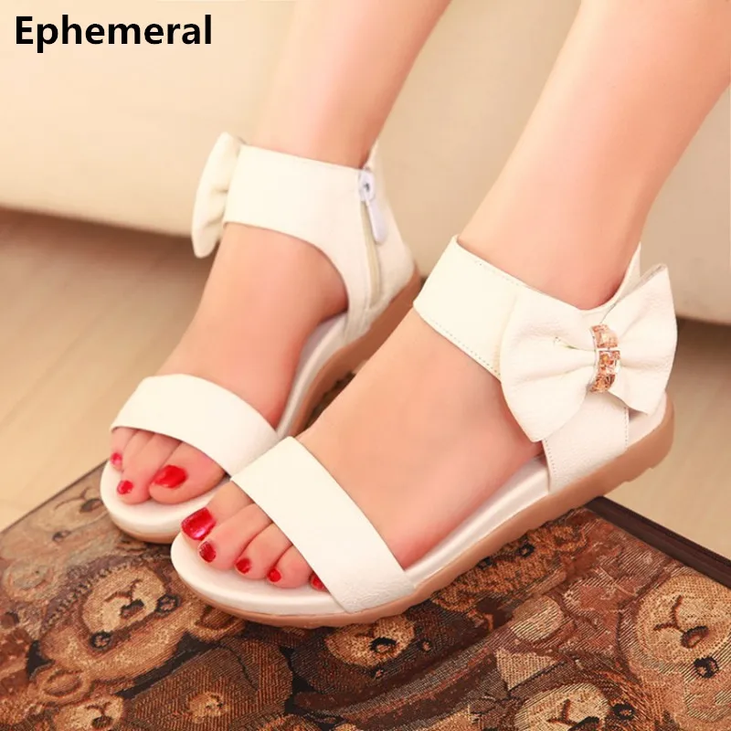 

Lady high quality Sheepskin Bow Rhinestones Zippers Plus size (4-9 Flat sandals on Platform School girls Black White Shoes Sweet