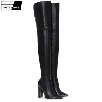 

Woman Black Pointed Toe Block Heel Over the Knee Boots Plus Size 46 Autumn Winter Elegant High Heel Nude Color Zip High Boots