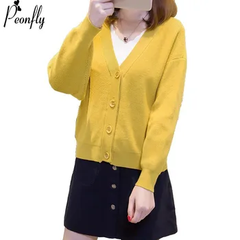 

PEONFLY Autumn Women Solid Color Single Row Buckle Sweaters Fashion V-neck long Sleeve Knitting Cardigan Loose Coat Female