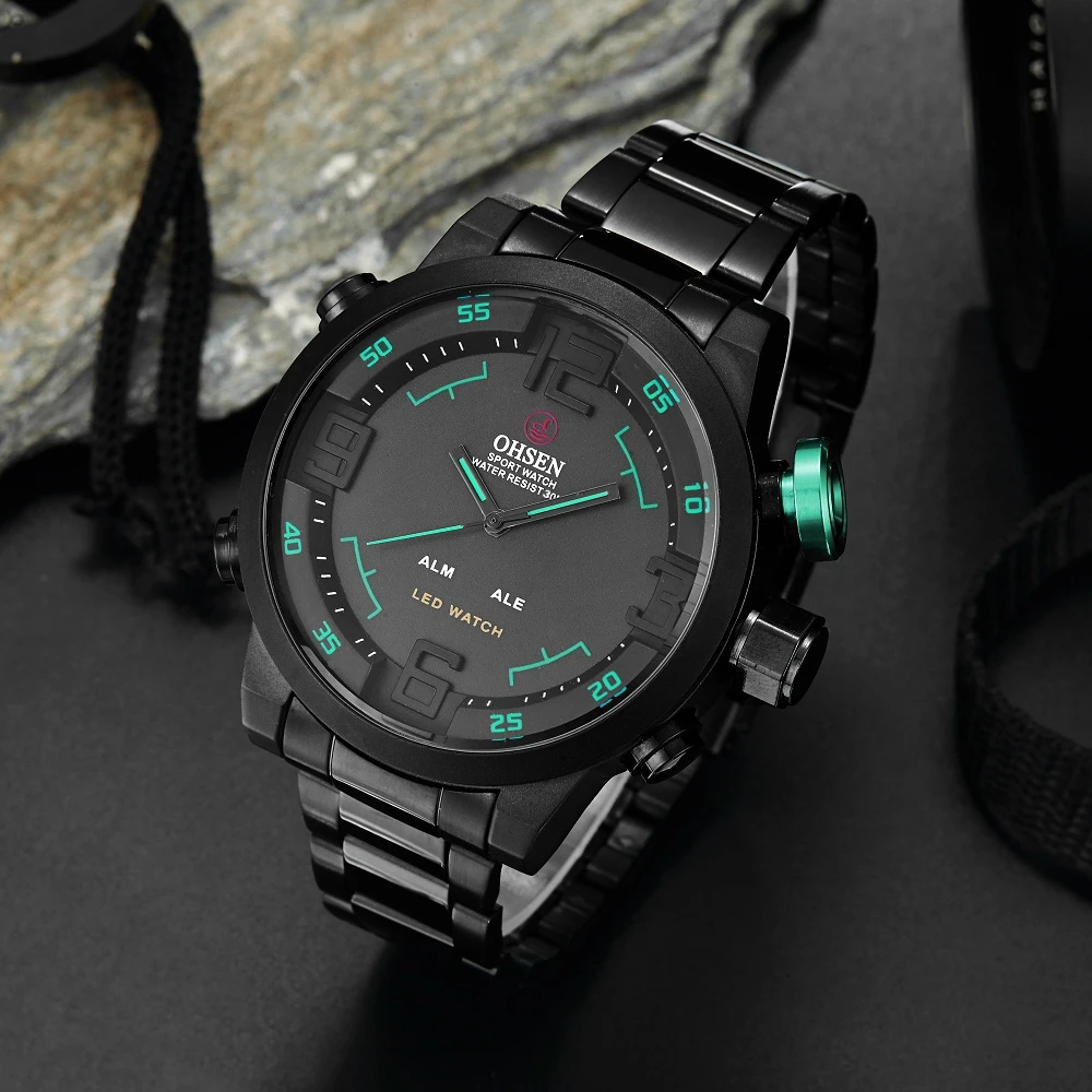 Новинка Ohsen цифровой бренд спортивные мужские кварцевые наручные мужские часы 30 м водонепроницаемый полный стальной ремешок зеленые модные часы montre homme