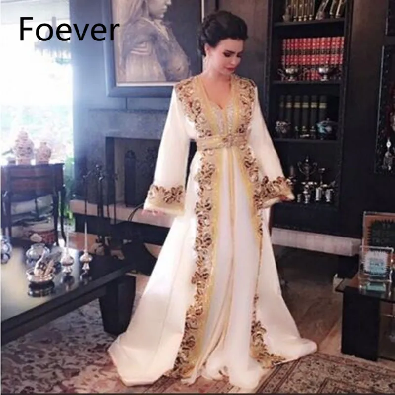 evening wear for women New White Beaded Muslim Long Evening Dresses Luxury Dubai Moroccan Kaftan Dress Long Sleeves Formal dress Evening party gown plus size evening wear