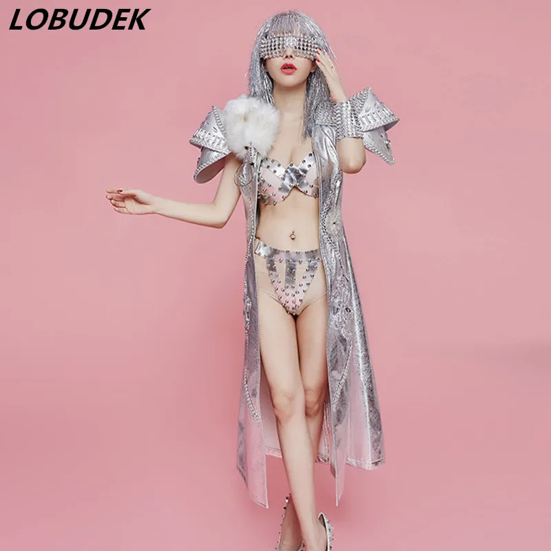 

Silvery Rivet Cloak Tide Bikini Female Costume Star Birthday Party Performance Outfit Vocal concert Singer Jazz Rock Stage wears