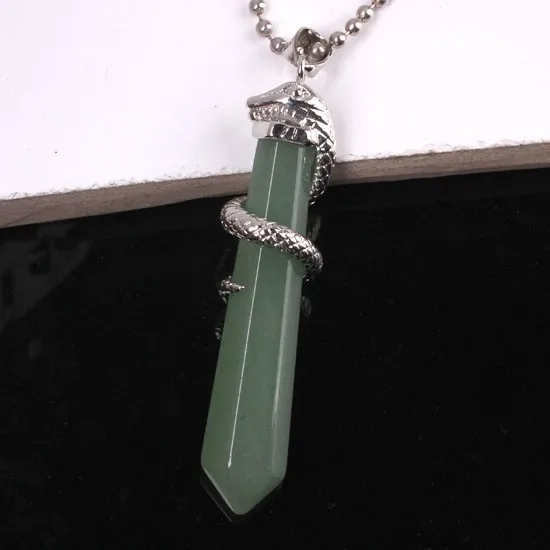 Natural Gnergy Gemstone~ Silver Plated Amethysts Rose Pink Quartz Opalite Opal Stone Hexagon Prism Wrapped Snake Pendant Charm Jewelry 6 AA00201010303a