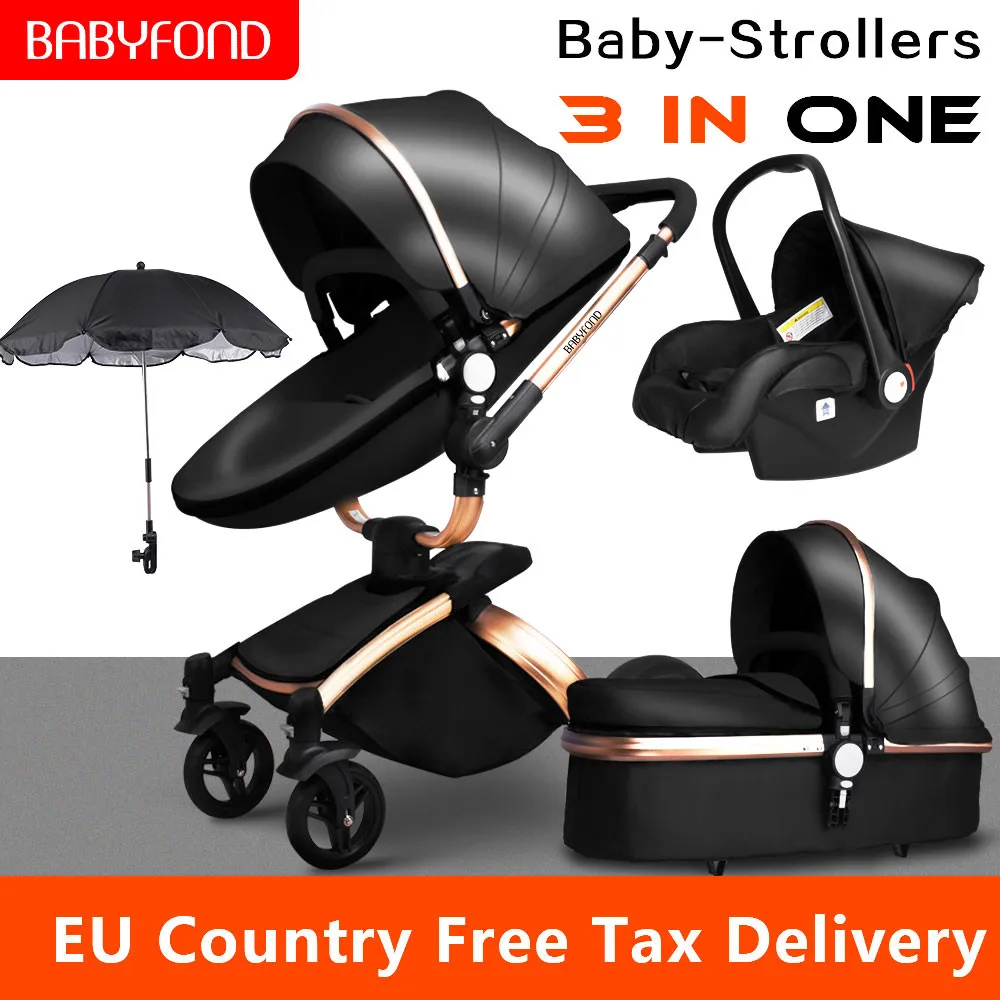  Multi-functional Luxury Baby stroller 4 in 1 High landscape stroller gold frame PU Pram two-way Car