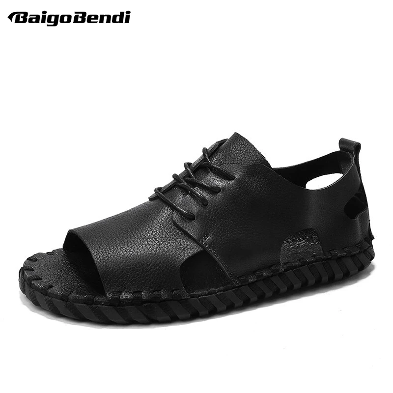 Retro Men Peep toe Sandals Fashion Man Lace Up Hollow Out Casual Summer Beach Shoes Nonslip