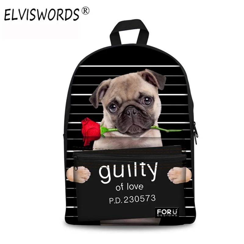 ELVISWORDS Newest Stylish Cool Black Canvas Pug Backpack Teenage Girls