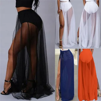 

2019 Women Bikini Cover Up Swimwear Sexy Black Sheer Beach Maxi Wrap Skirt Sarong Pareo Dress High Waist Split Mesh Swimsuit