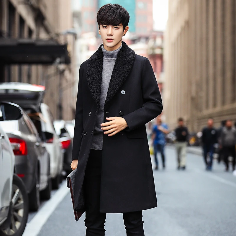 Мужской длинный Тренч/зимнее шерстяное пальто, модное городское высококачественное теплое пальто с меховым воротником, индивидуальный тонкий Тренч - Цвет: Черный