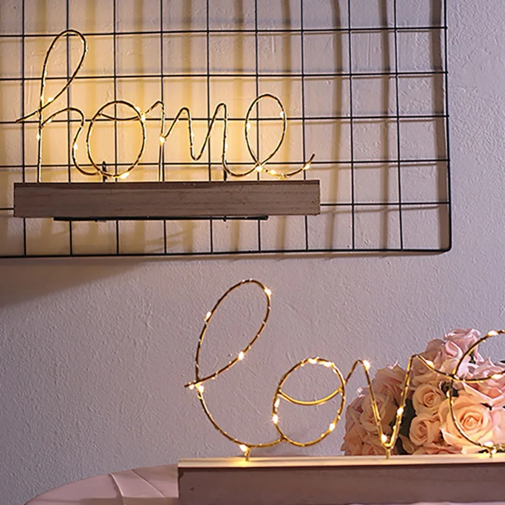 

(Without Battery) Nordic Creative Home Jewelry Ornaments Bedroom Bedside Wrought Iron Wood Letter Night Light
