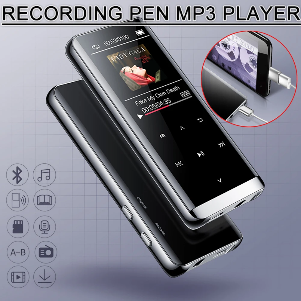 OTG MP3 Player Voice Recorder Bluetooth4.2 Touch Screen 1.8inch Mini 800mah With HIFI 5D 8GB/16G Ultra Thin HiFi MP3 Player