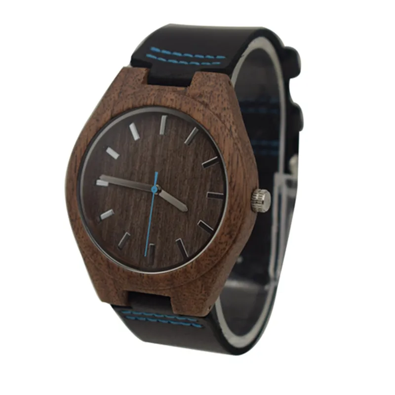 Fashion Walnut Wooden Watch For Male And Female Christmas Gifts With Black Genuine Leather Watchband Drop shipping