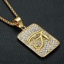 HIP Hop Dog Tag Bling Iced Out Crystal Eye of Horus Necklace Pendant Gold Color 316L Stainless Steel Necklaces For Men Jewelry mens gold plated egyptian pharaohs eye of horus ra udjat stainless steel ring hip hop jewelry size 7 15