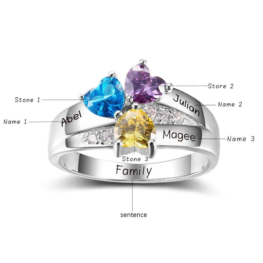 SG 925 Sterling Silver Rings Personalized Custom Heart Birthstone Ring With 3 Names Jewelry for Her Mother day's Gift